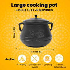 Cauldron Cast Iron | Oven Pot With Lid| Stock Pot for Stews, Beans, Soups | Perfect for Professional and Domestic Use | 20 Servings | 5.8QT/5L