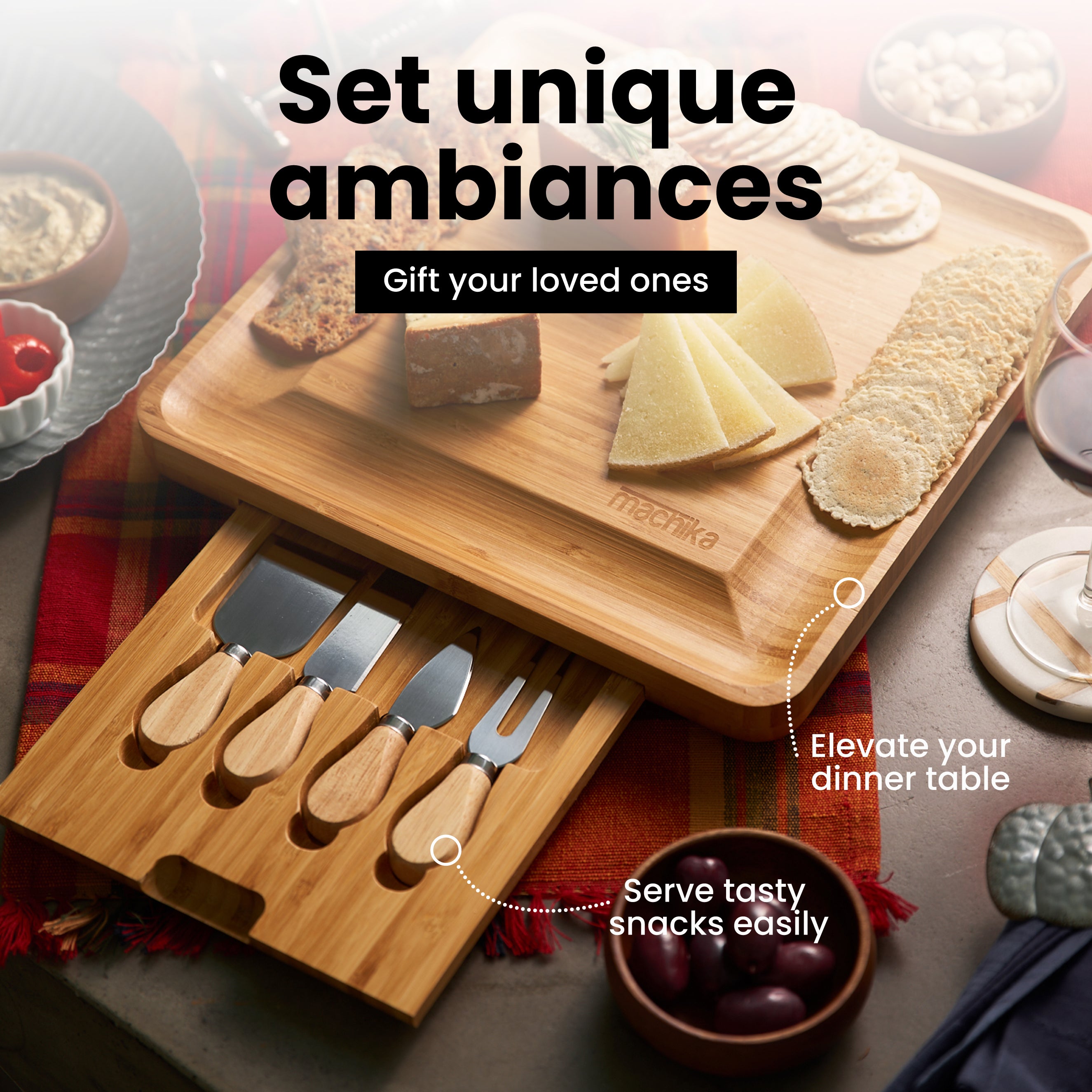 Bamboo Cheese Board Set With Cutlery Set