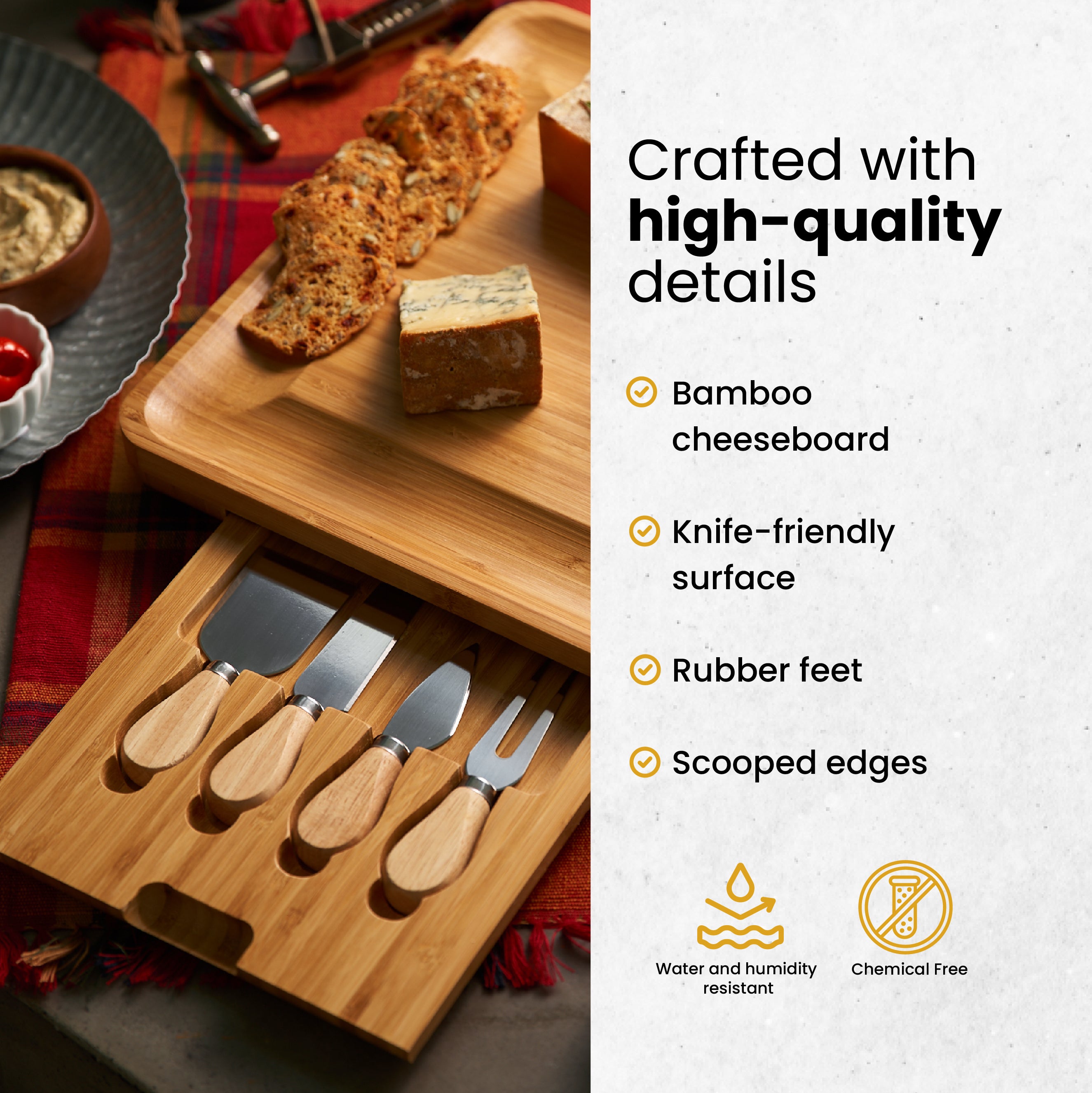 Bamboo Cheese Board Set With Cutlery Set