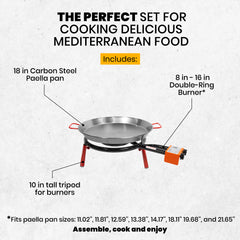 Paella Kit with 18-inch Carbon Steel Pan | 8-16 in Double Ring Paella Burner and Stand Set (10 in) | Perfect for Gastronomic Events, Caterings, Camping | 12 Servings