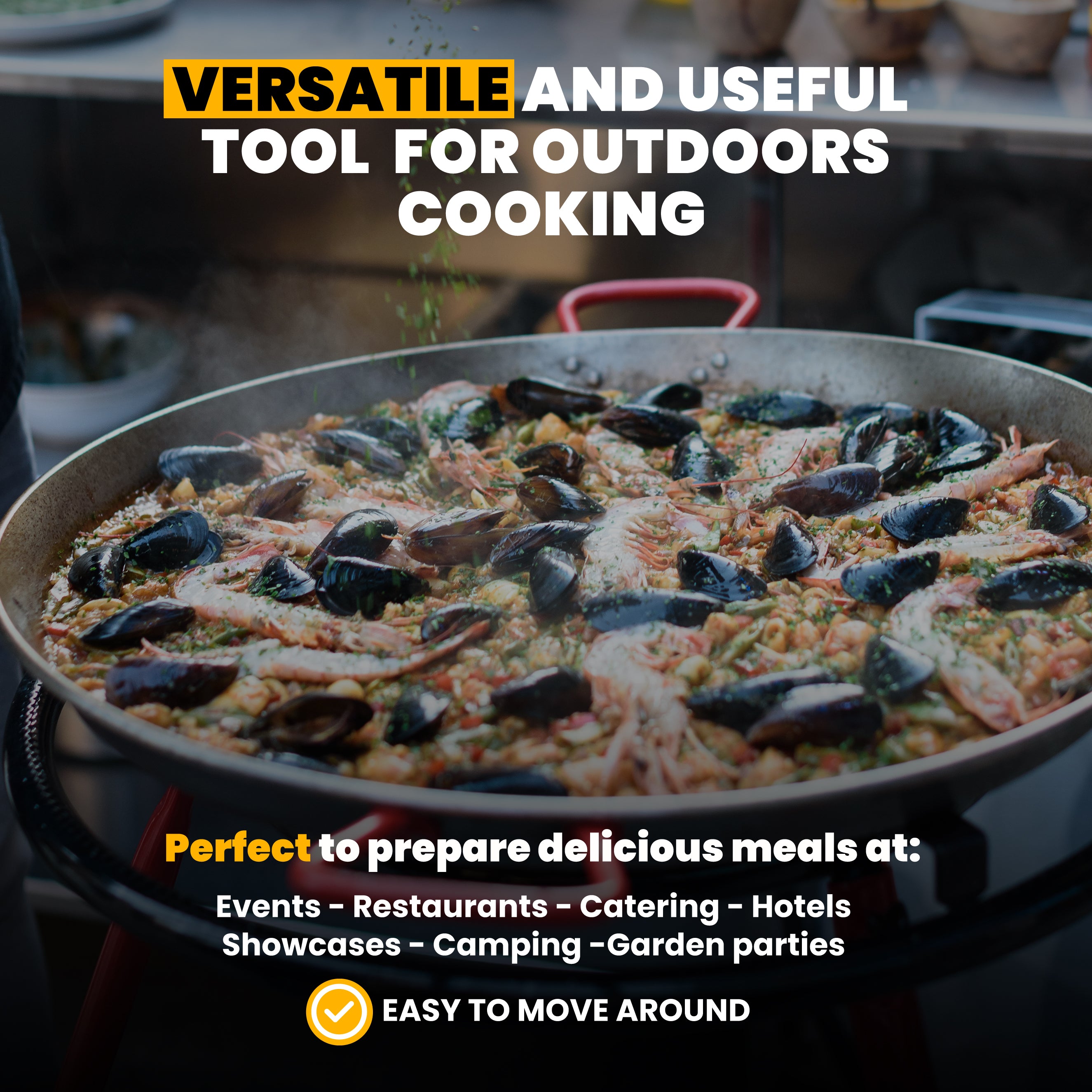 MachikaTabarca Paella Pan Set with Burner, 22 Inch Carbon Steel Outdoor Pan and Reinforced Legs Imported from Spain (14 Servings)