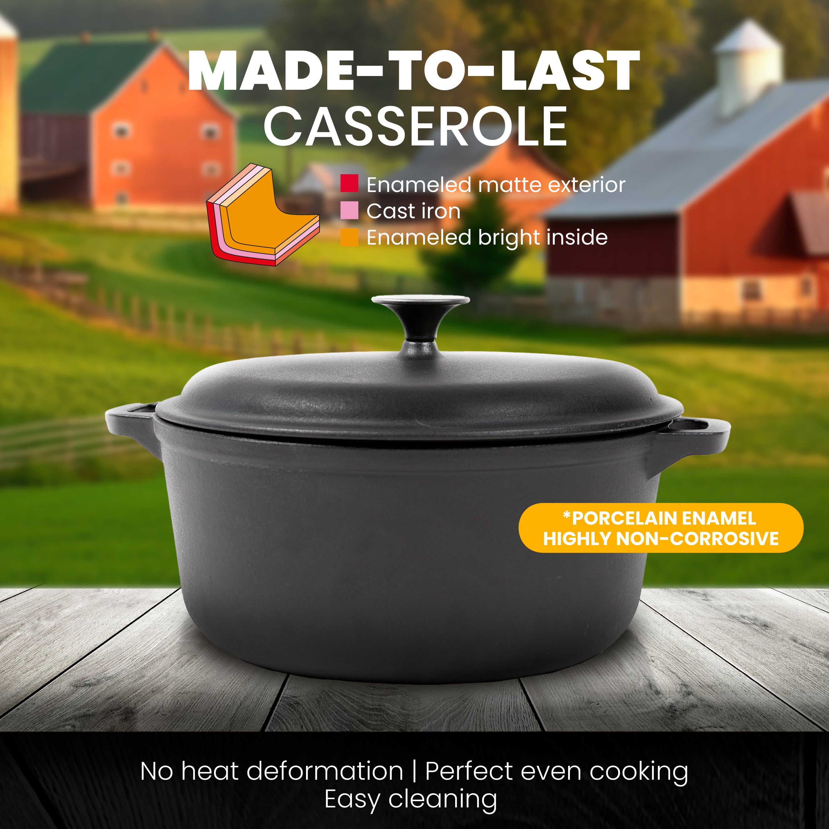 Enameled Cast Iron Casserole | Perfect for Indoor and Outdoor Use | 5.81QT/5.5L