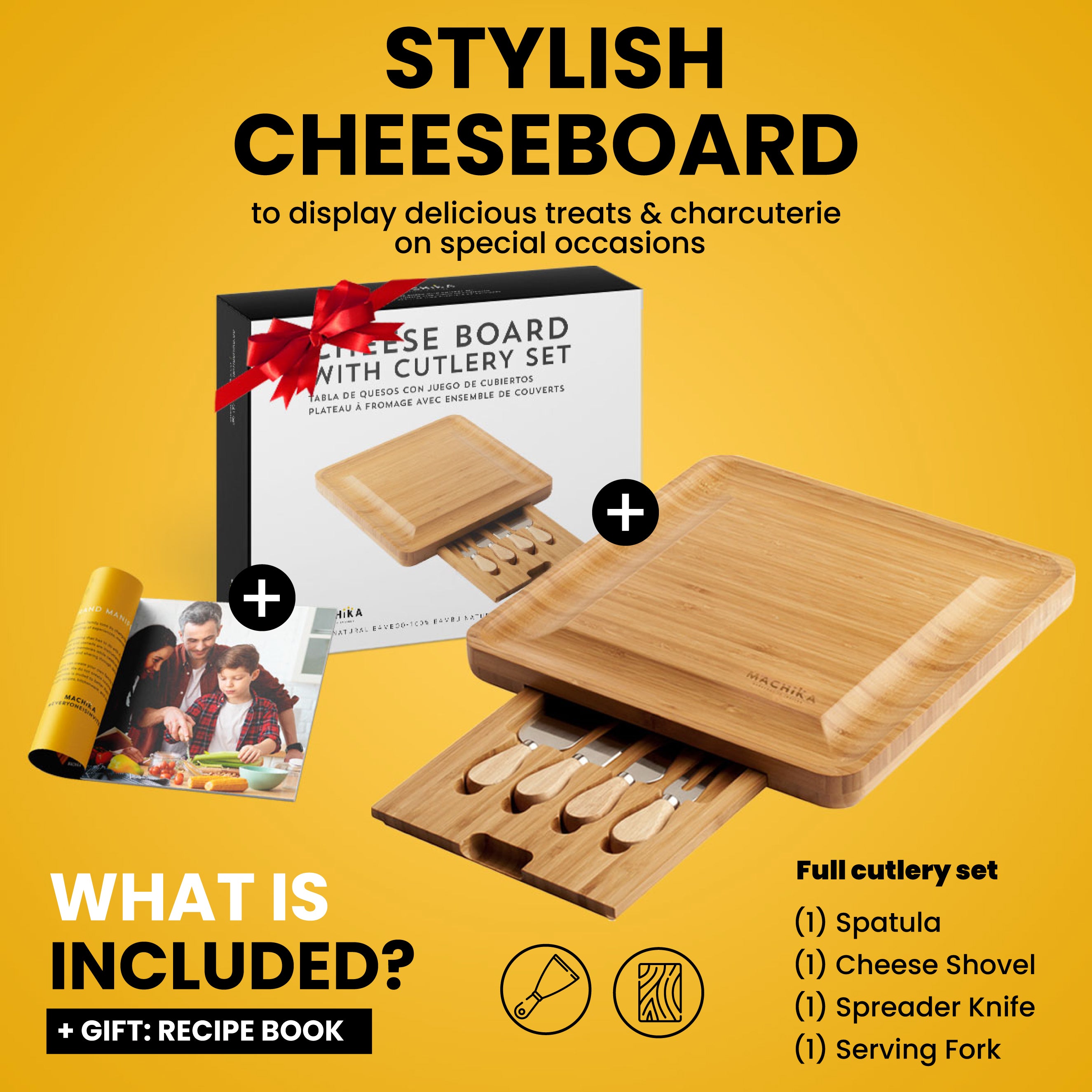 Bamboo Cheese Board Set With Cutlery Set