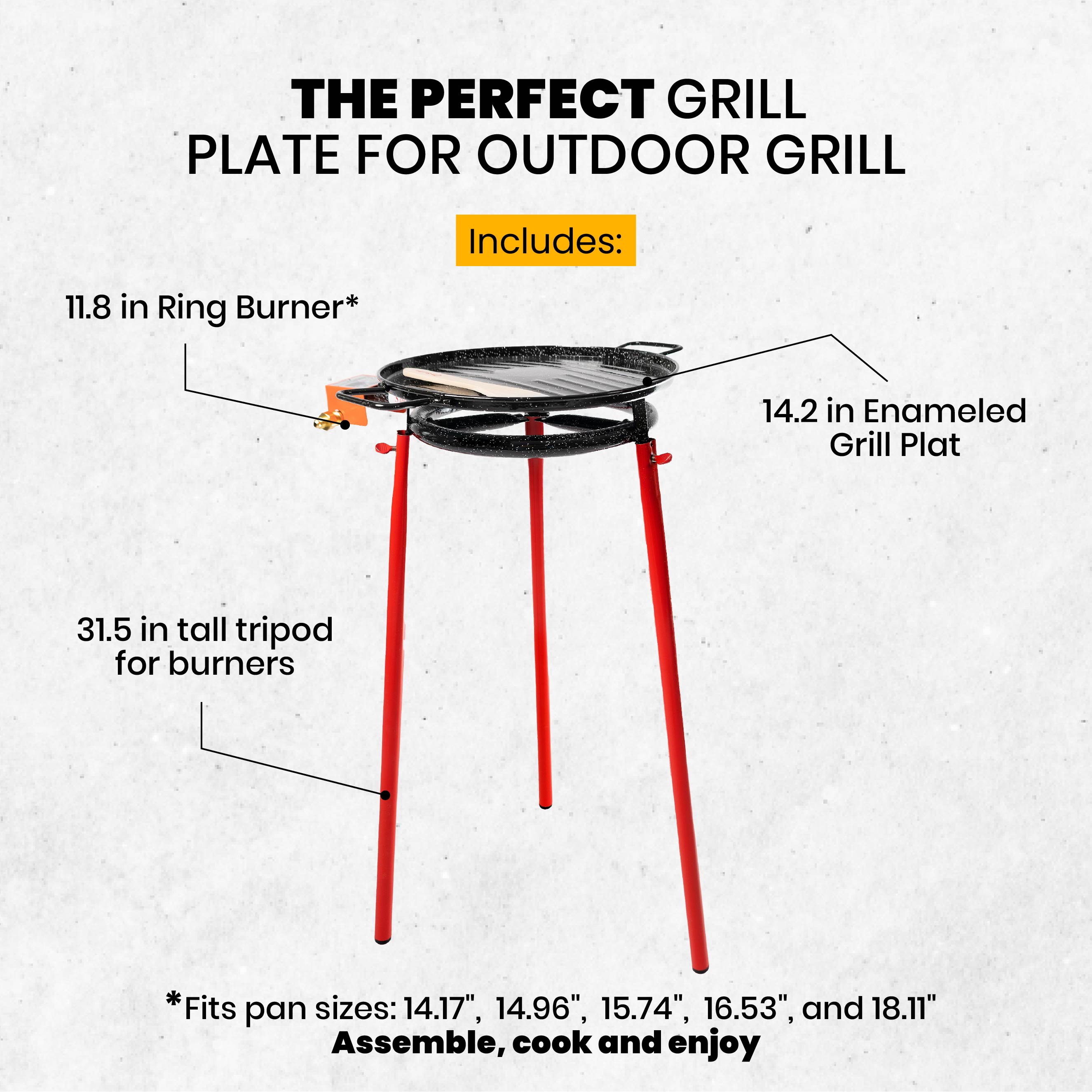 Machika Albufera Outdoor Grill Set | Includes a 11.8 in Single Ring Propane Burner, 14.2-inch Enameled Pan and Tripod (31.5 in)