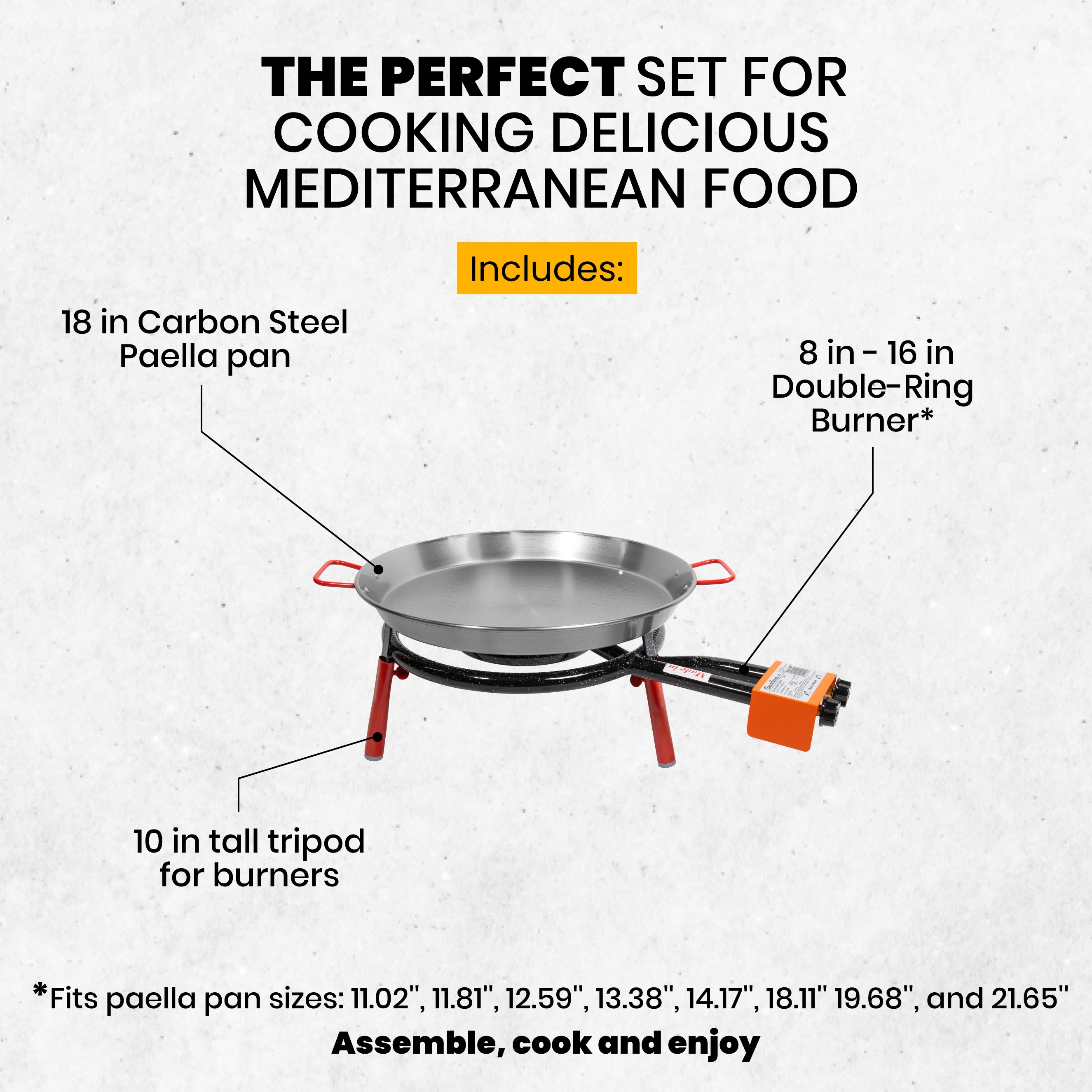 Paella Kit with 18-inch Carbon Steel Pan | 8-16 in Double Ring Paella Burner and Stand Set (10 in) | Perfect for Gastronomic Events, Caterings, Camping | 12 Servings