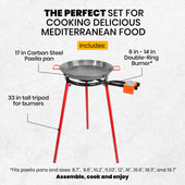 Machika Mediterraneo Paella Pan Set with 6-14 Inch Burner, 17 Inch Carbon Steel Outdoor Pan and Legs Imported from Spain (10 Servings)