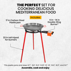 Machika Mediterraneo Paella Pan Set with 6-14 Inch Burner, 17 Inch Carbon Steel Outdoor Pan and Legs Imported from Spain (10 Servings)