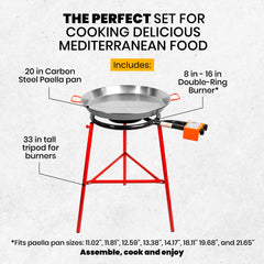 MachikaTabarca Paella Pan Set with Burner, 22 Inch Carbon Steel Outdoor Pan and Reinforced Legs Imported from Spain (14 Servings)