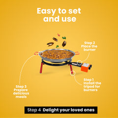 Paella Kit with 18-inch Carbon Steel Pan | 8-16 in Double Ring Paella Burner and Stand Set (10 in) | Perfect for Gastronomic Events, Caterings, Camping | 12 Servings