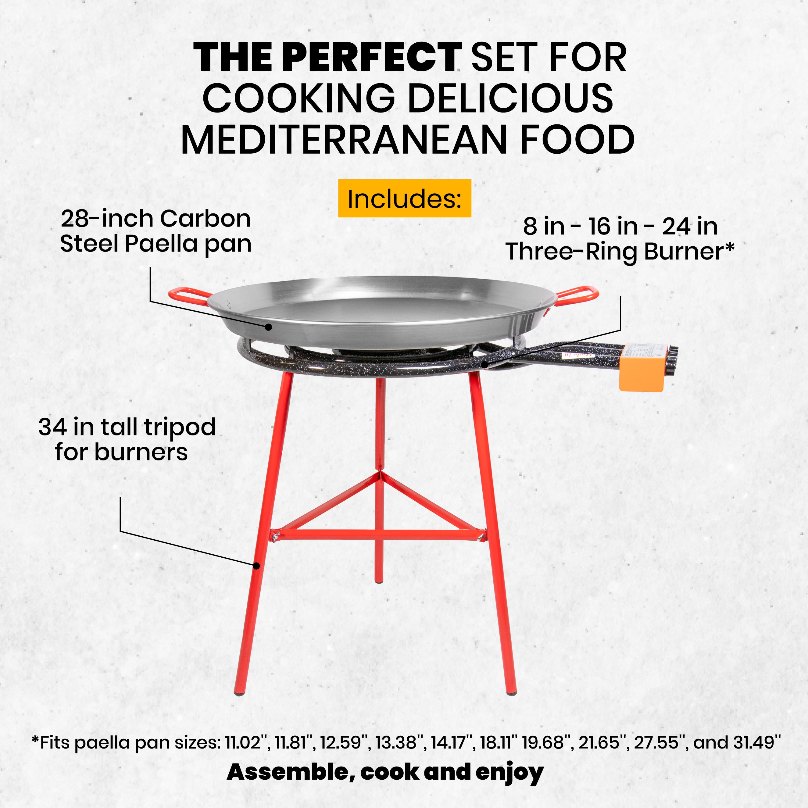 Machika Ibiza Paella Pan Set with Burner, 28 Inch Carbon Steel Outdoor Pan and Legs Imported from Spain (24 Servings)