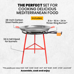 Machika Ibiza Paella Pan Set with Burner, 28 Inch Carbon Steel Outdoor Pan and Legs Imported from Spain (24 Servings)